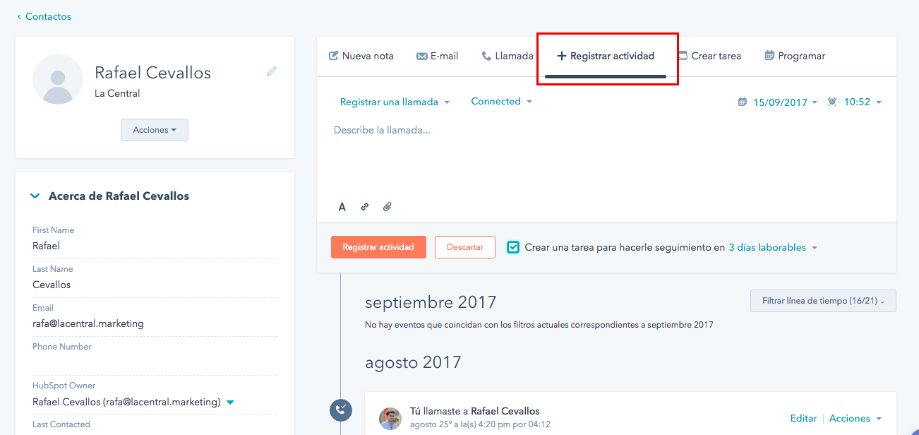 Hubspot CRM Registrar Actividad